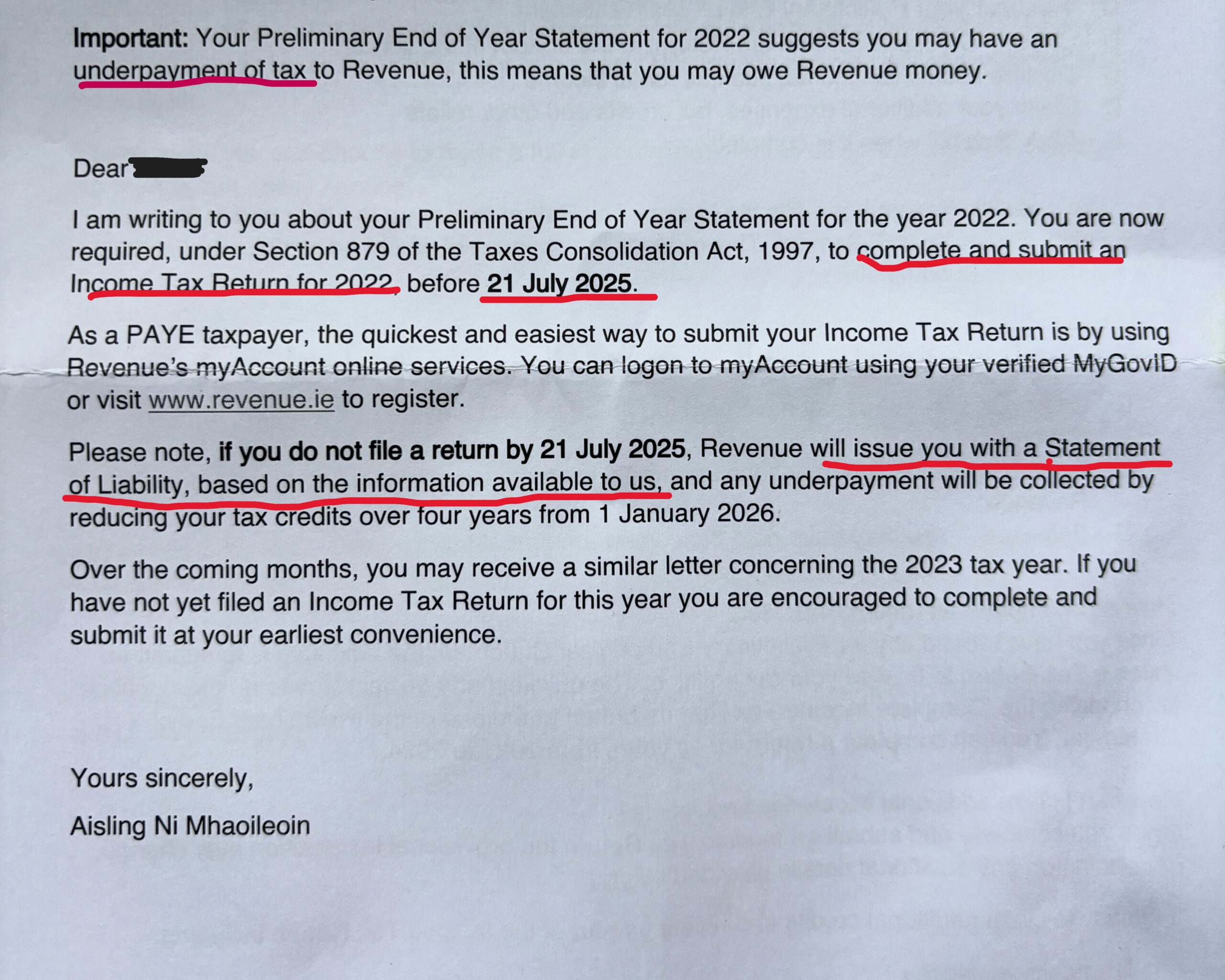 Tax letter from Revenue